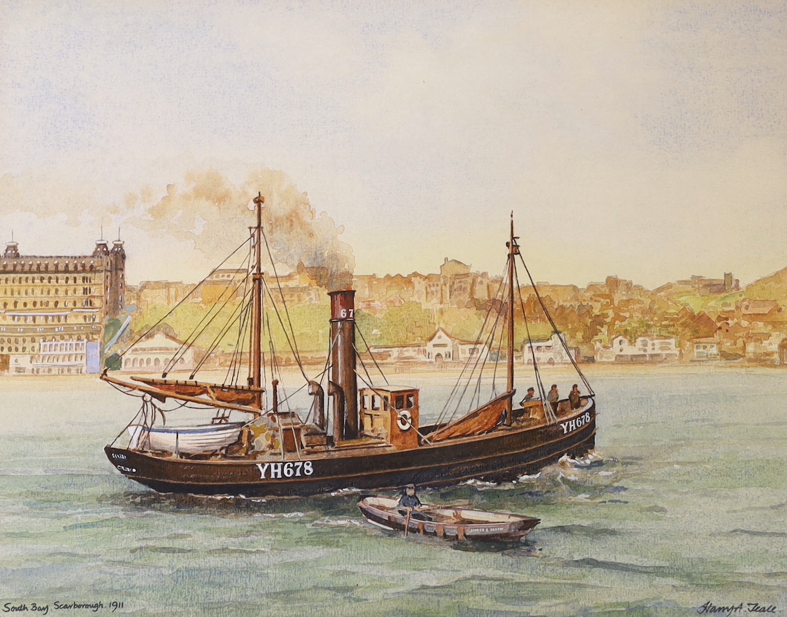 Harry A Teale (20th century) heightened watercolour, 'The Yarmouth steam drifter YH678 in South Bay, Scarborough', signed and dated 1911, 39 x 31cm